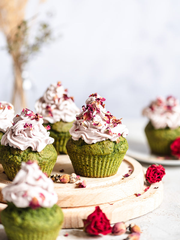 Spinach & Matcha Cupcakes with Creamy Rose Frosting